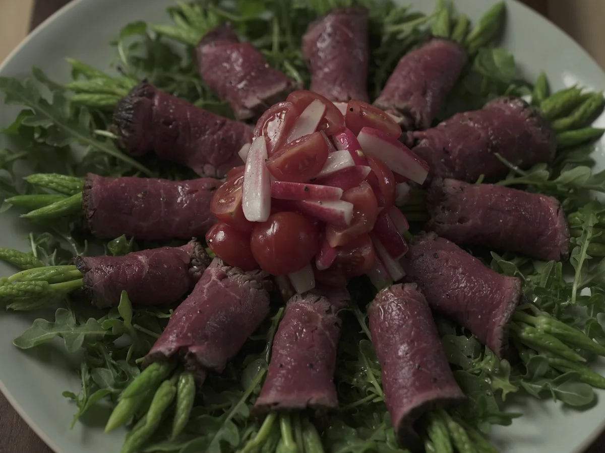 Michel Roux's Rare Beef With Blue Cheese & Wild Asparagus