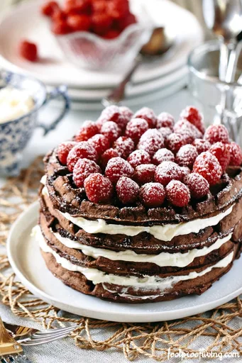 Dark Chocolate Waffle Cake with Mascarpone Whipped Cream