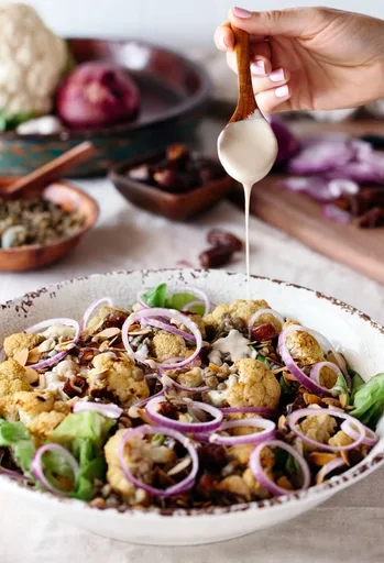 Roasted Cauliflower Salad with Lentils, Dates, and Tahini Sauce