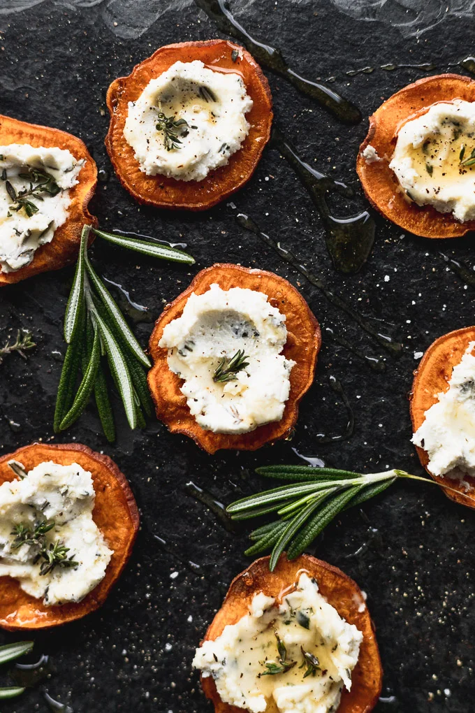 Sweet Potato and Whipped Goat Cheese Appetizer Bites