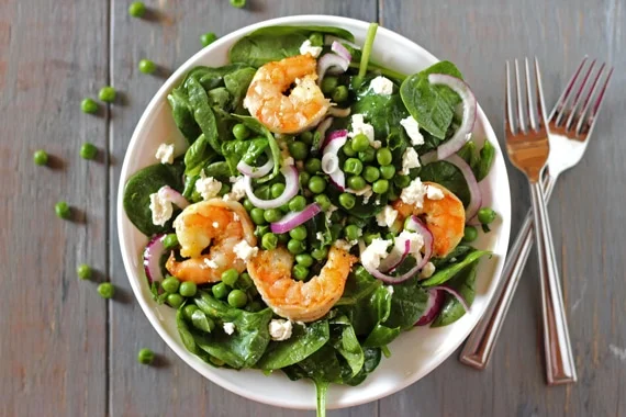 Spinach Shrimp Salad with Peas and Feta