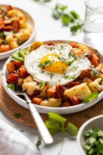 Vegetarian Sweet Potato Breakfast Hash with Cauliflower