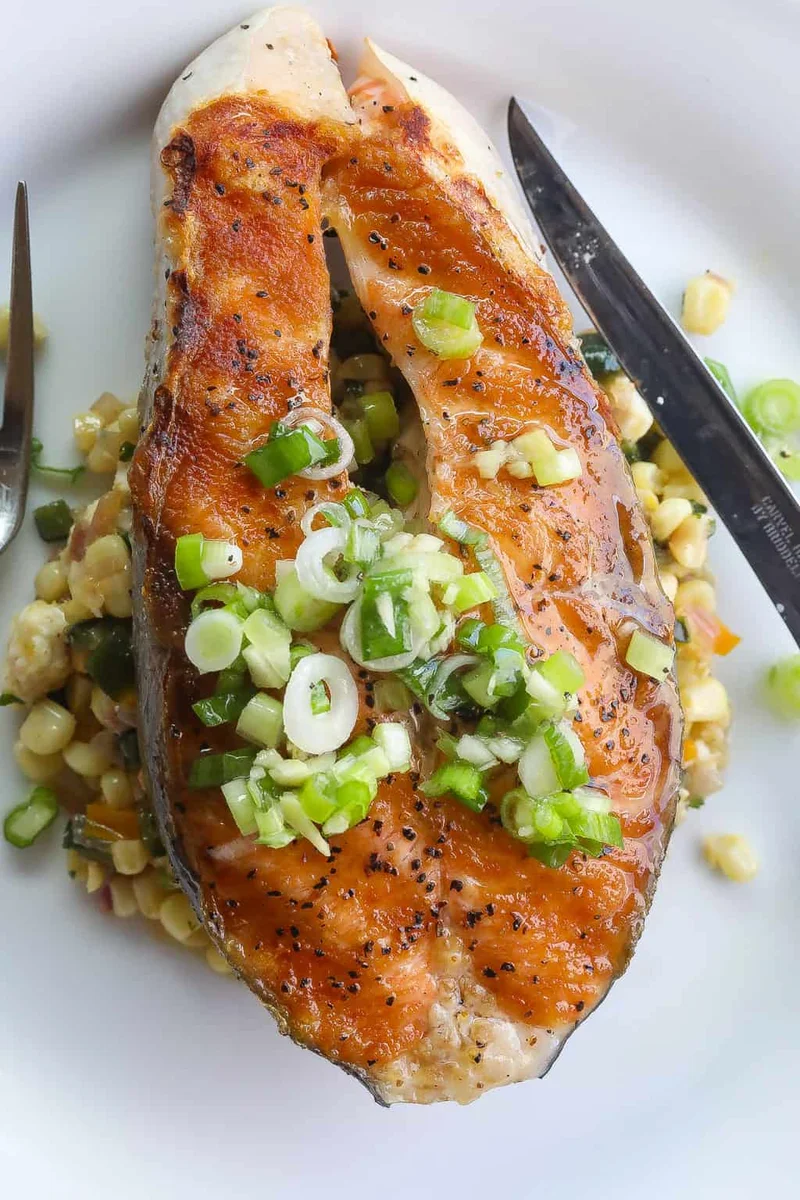Grilled Salmon Steak with Green Onion Vinaigrette
