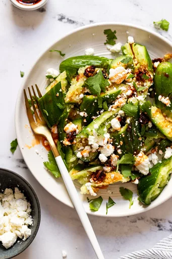 Spicy Smashed Cucumber Snack with Goat Cheese