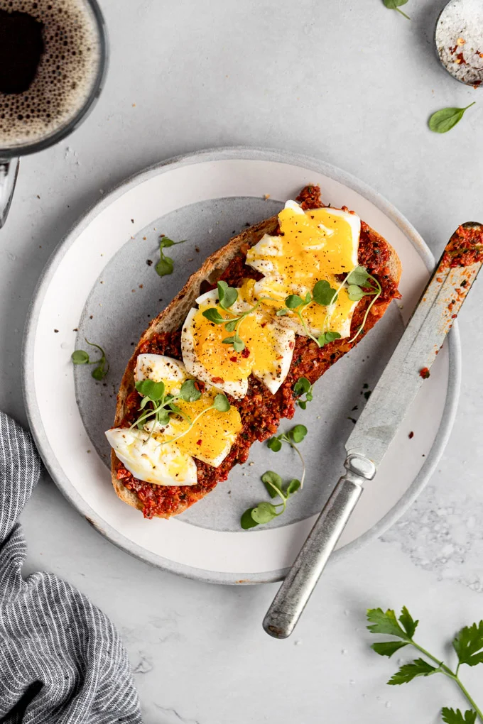 Romesco Toast with Jammy Eggs