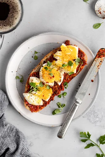 Romesco Toast with Jammy Eggs