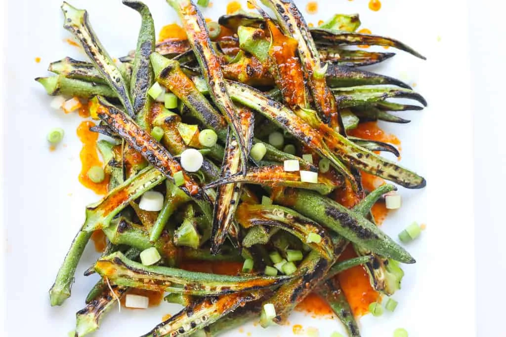 Charred Okra with Harissa Sauce