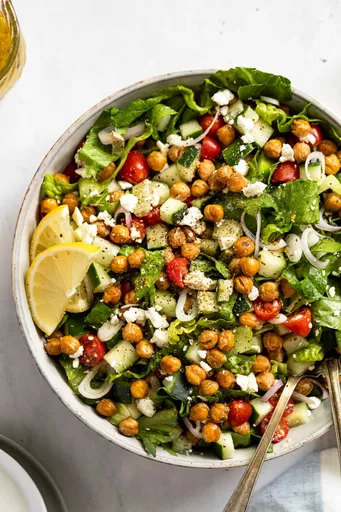 Roasted Chickpea Greek Salad with Lemon-Herb Dressing