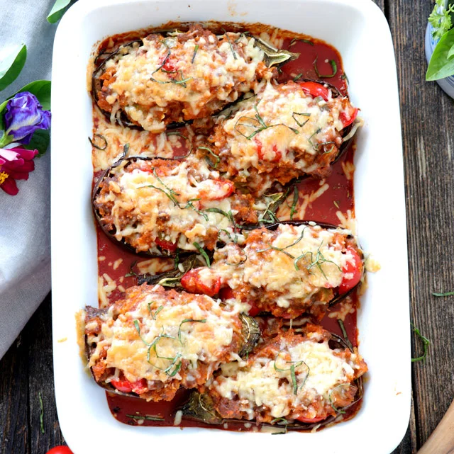 Beefy Stuffed Eggplant Parmesan