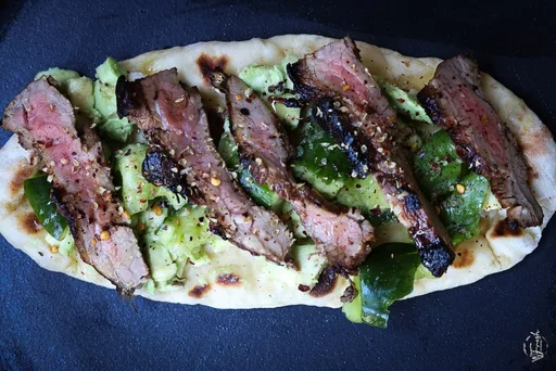 Flank Steak Flatbread with smashed cucumber