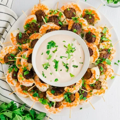 Aperitivo de salchicha y gambas con mayonesa de sriracha