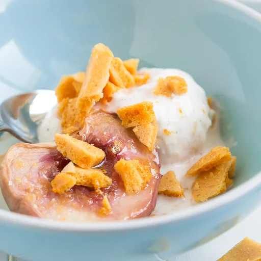 Roasted White Peaches with Honeycomb and Vanilla Ice Cream