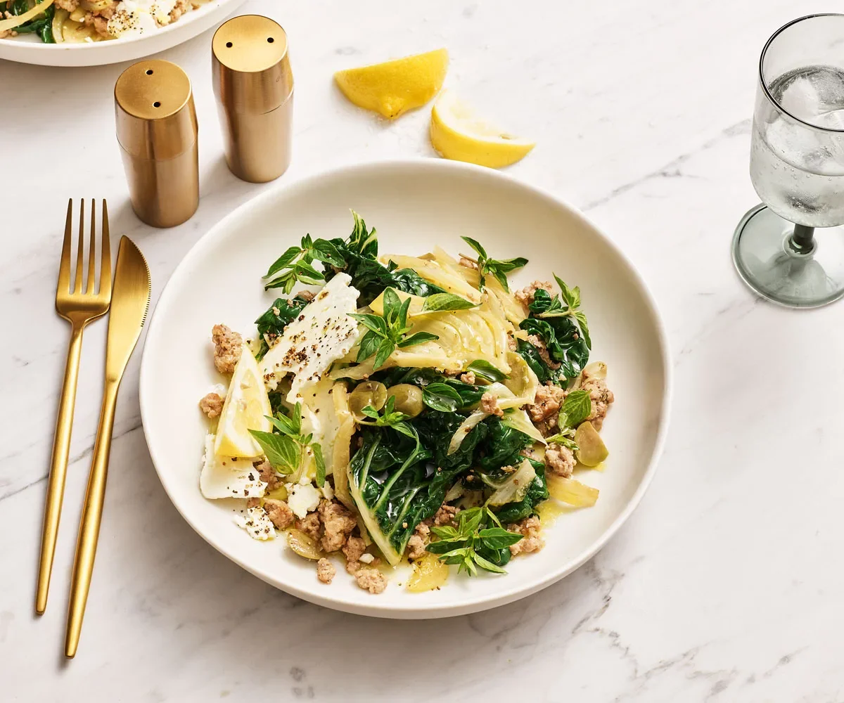 Greek pork with silverbeet and olives
