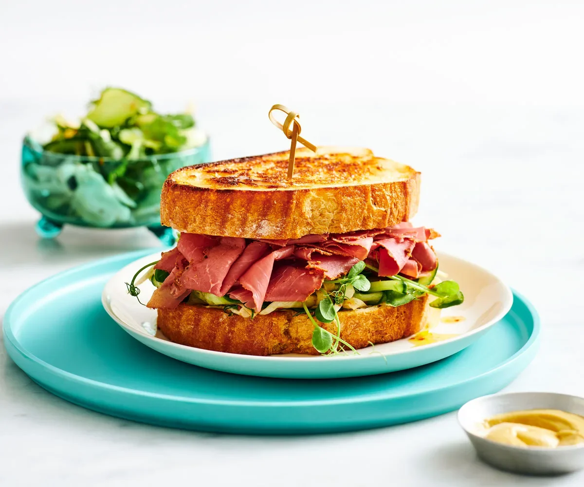 Pastrami and spiced fennel slaw sandwich