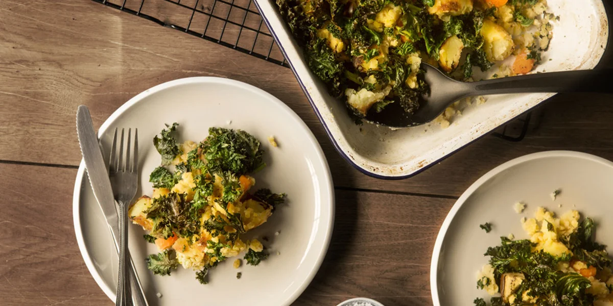 Lentil cabbage miso bake with roast vegetables