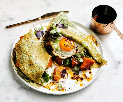 Crepes de especias y semillas variadas con calabaza asada