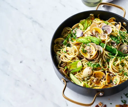 Vongole, zucchini blossom and brown butter spaghetti