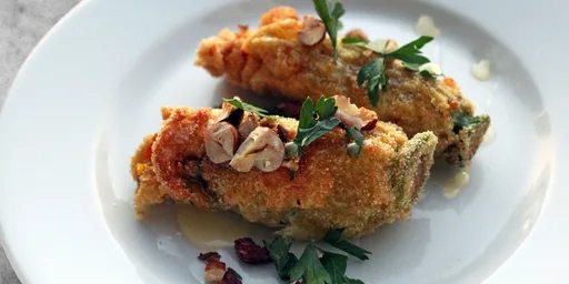 Courgette flowers with goat’s cheese, honey and hazelnuts