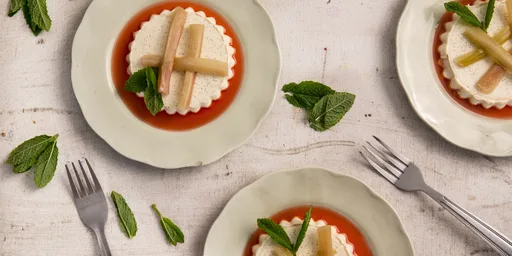 Elderflower panna cotta with poached rhubarb and mint