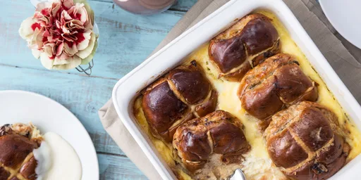 Hot cross bun bread and butter pudding
