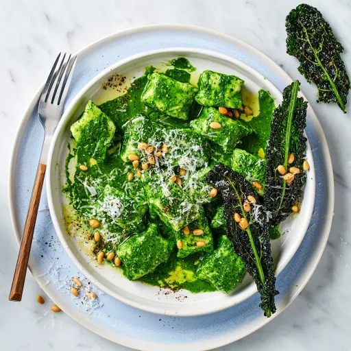 Ñoquis de ricotta con kale y piñones