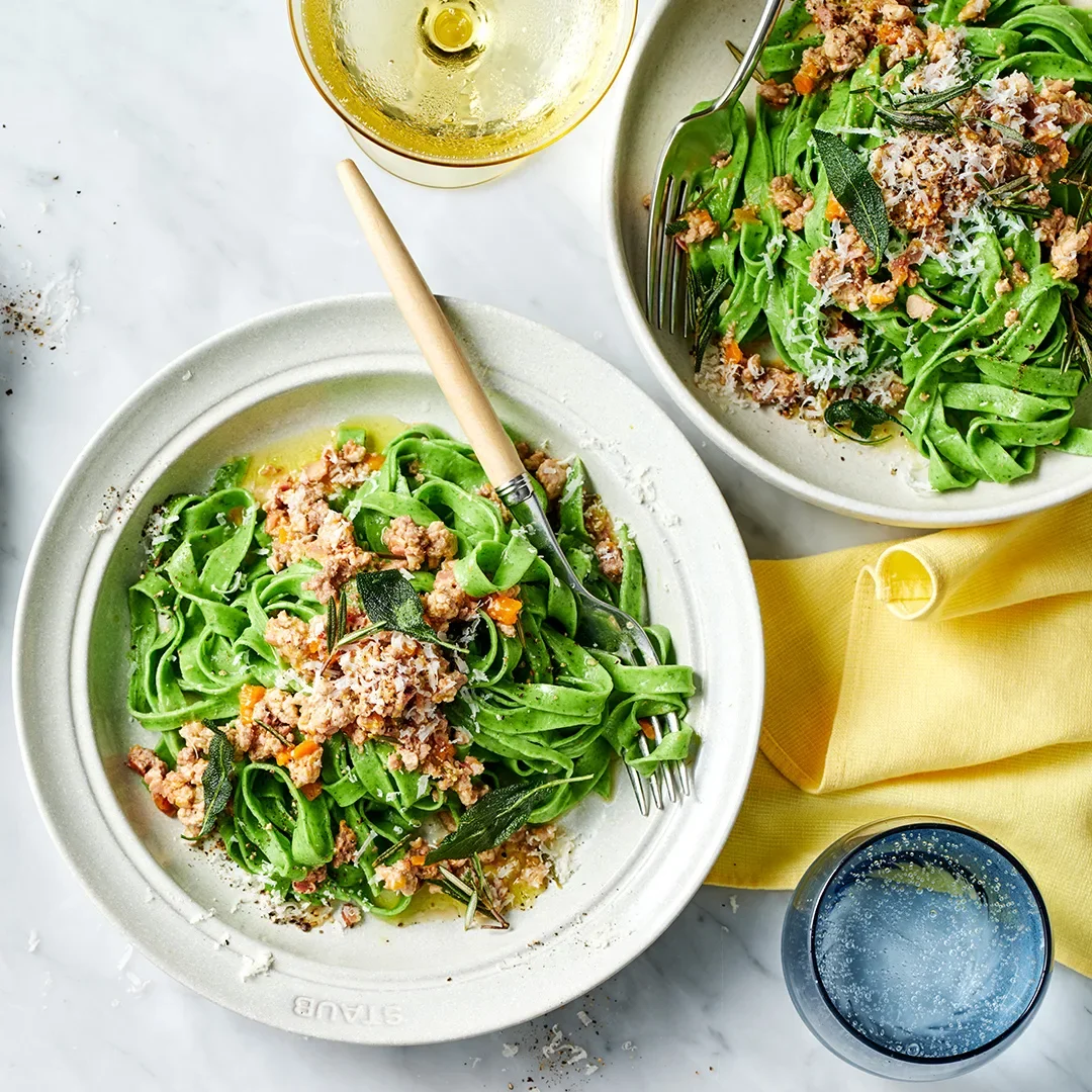 Green tagliatelle with ragù bianco