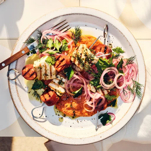 Swordfish and chorizo skewers with macadamia romesco