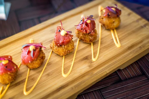 Ham Croquettes with Tuna Poke and Ají Crema