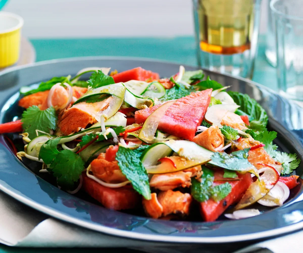 Crisp salmon with mint and pickled watermelon rind salad