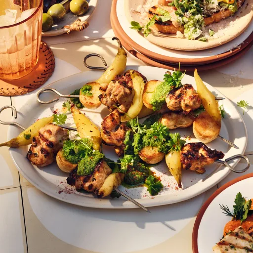 Brochetas españolas de pollo y patata con mojo verde