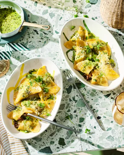 Saffron mezzalune with braised osso buco and gremolata butter
