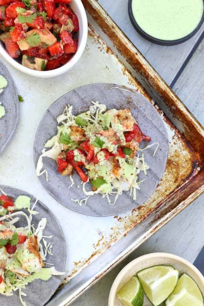 Grilled Fish Tacos with Strawberry Avocado Salsa and Lime Crema