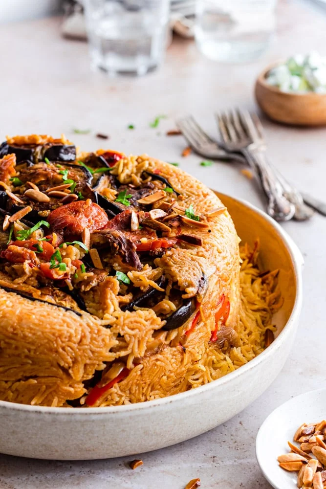 Maqluba (Makloubeh) with Lamb (Arabic rice dish)
