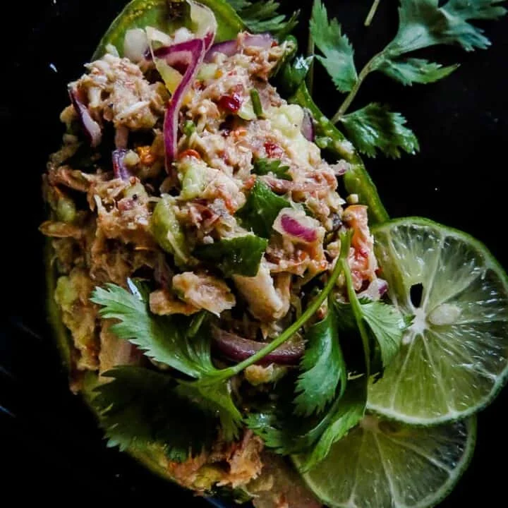 Raw Avocado Tuna salad with Onion and cilantro.