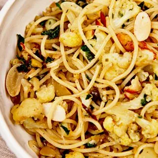 Spaghetti With Cauliflower & Green Olive Pesto