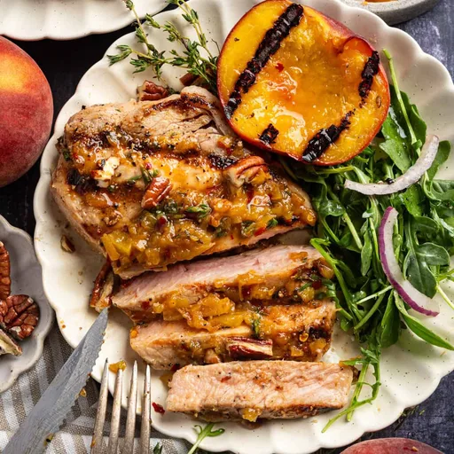 Chuletas de cerdo glaseadas con melocotones y bourbon