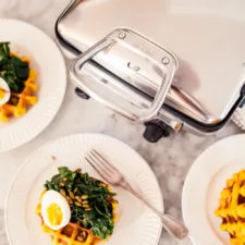 Savory Pumpkin Pancetta Waffles with greens and eggs