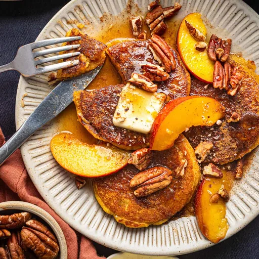 Peach Pancakes with Cinnamon Maple Syrup