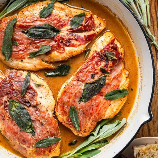 Saltimbocca di pollo (prosciutto, salvia e salsa al burro e vino bianco)
