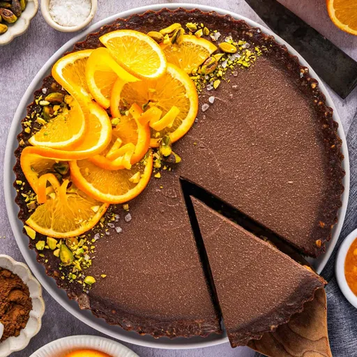 Chocolate Tart with Orange Marmalade and Pistachios