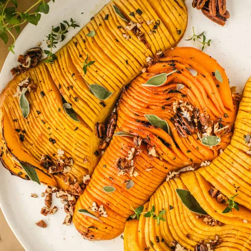 Hasselback Butternut Squash with Candied Pecans