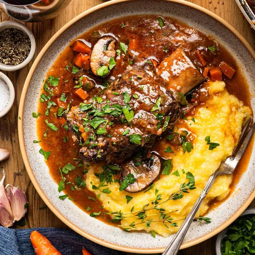 Costillas de ternera estofadas con vino tinto y champiñones