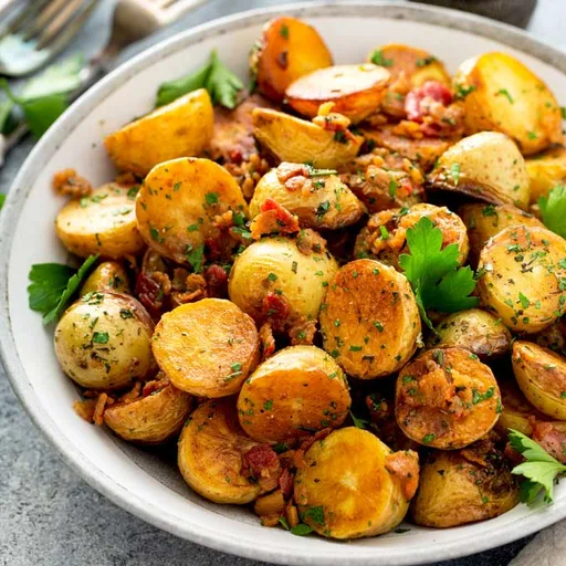 Patatas crujientes a la sartén con bacon y hierbas