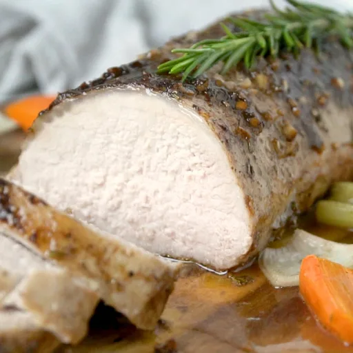 Lomo de cerdo asado al horno con miel, mostaza y hierbas
