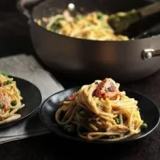 Creamy Salmon Carbonara with Mustard-Bourbon Candied Bacon