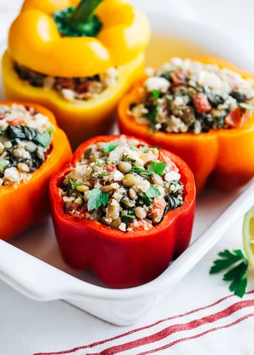 Pimientos rellenos de quinoa mediterránea
