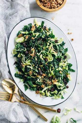 Shredded Brussels Sprout and Kale Salad with Maple Pecan Parmesan