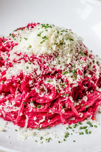 Spaghetti with Pink Pasta Sauce (Beet Pesto)
