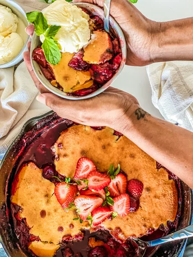 Strawberry Cornbread Skillet Cobbler