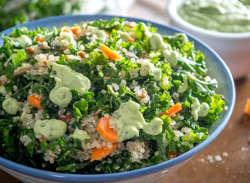 Spicy Kale and Quinoa Salad with Creamy Avocado Dressing